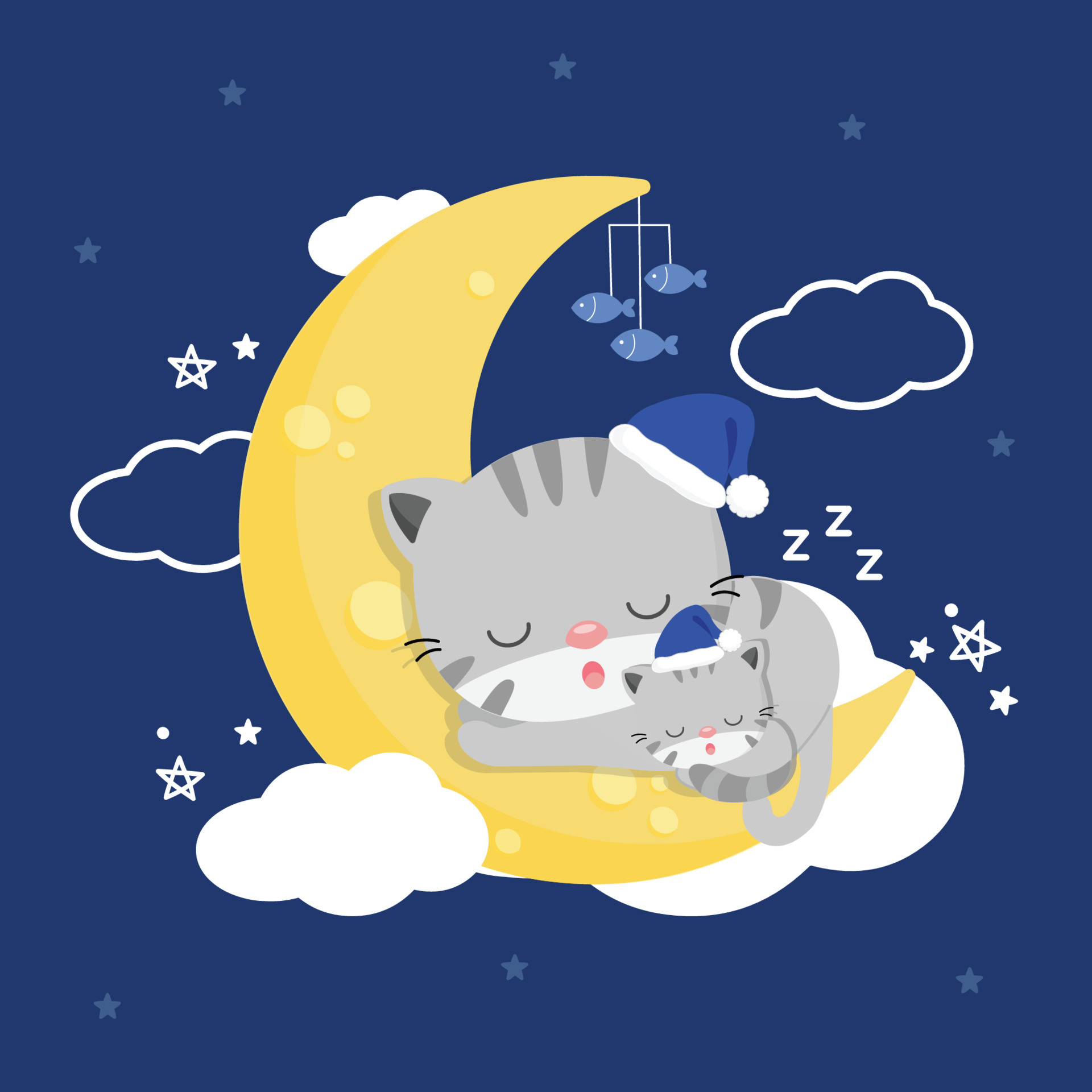 Cats sleep on the moon with dark sky background. 7645884 Vector Art at