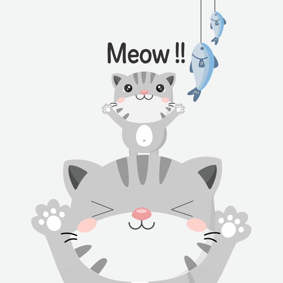 Cute mom and baby cat  catching Fish. vector