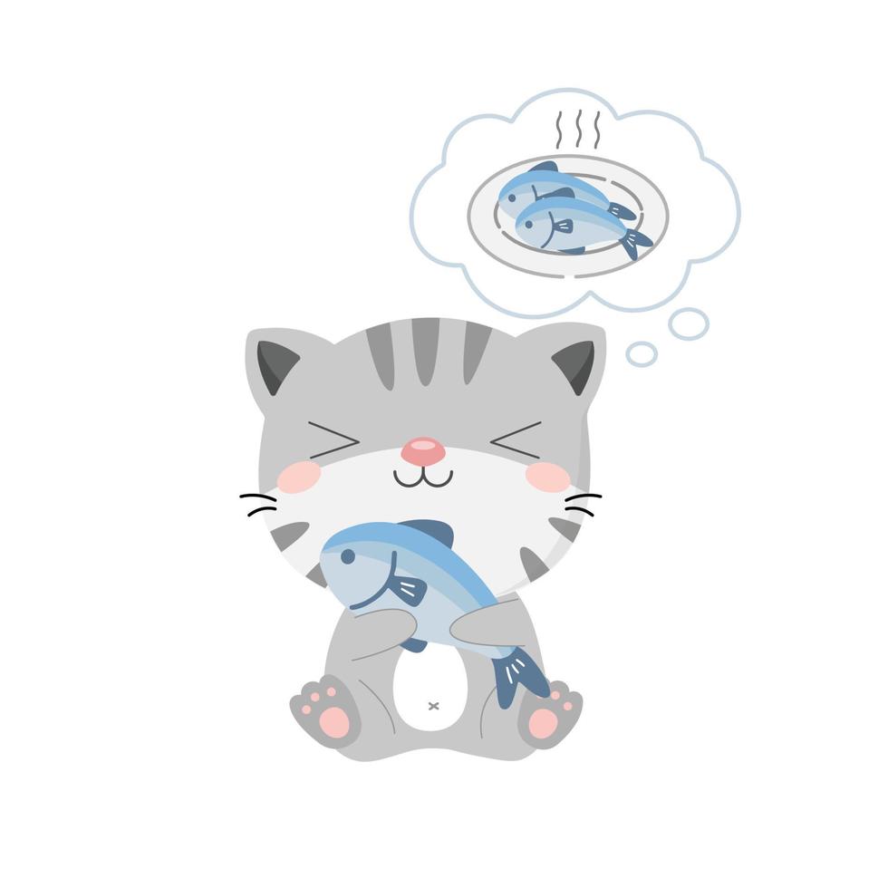 Cute cat holding fish in the dish. Animal cartoon character vector