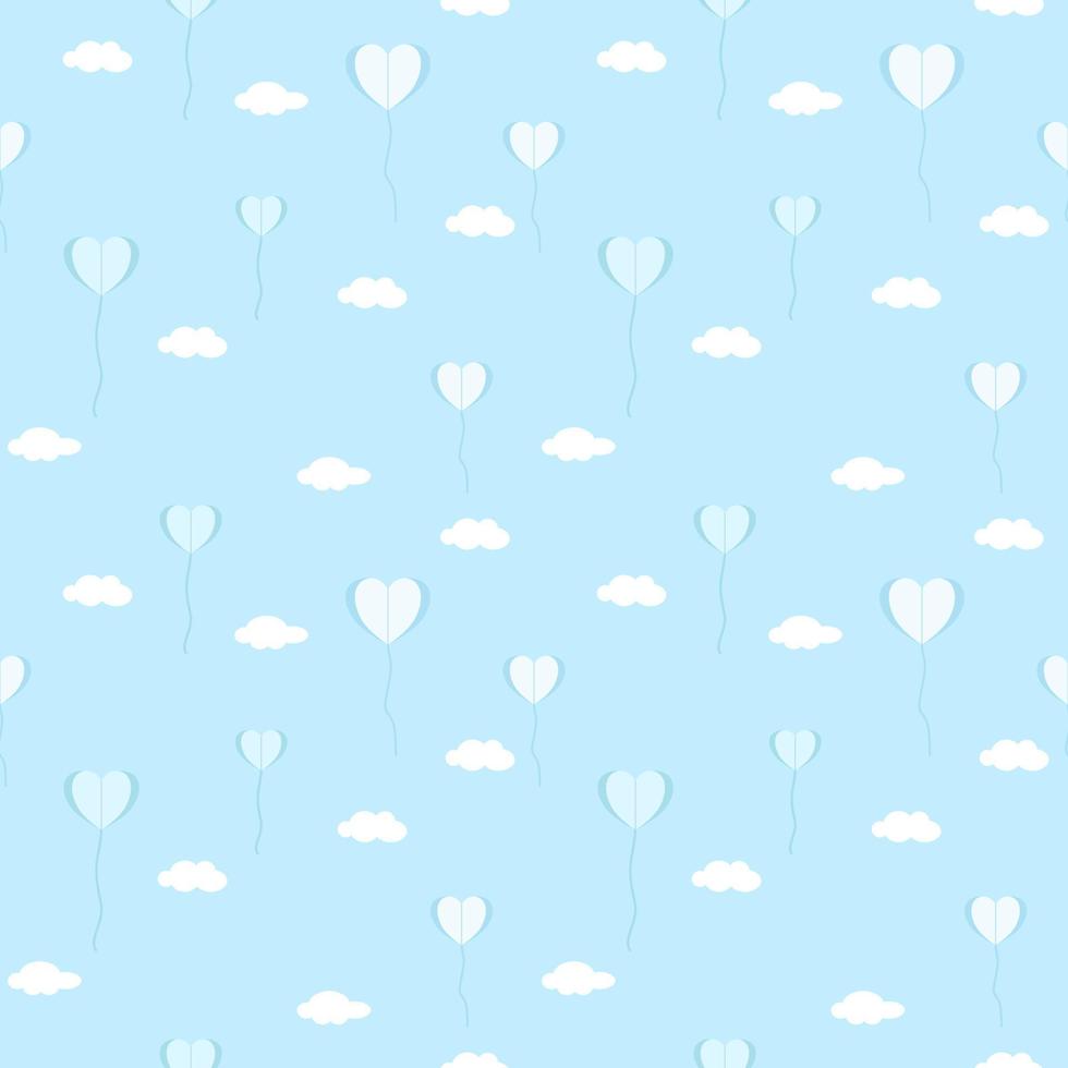 Vector - Abstract seamless pattern on paper heart balloon and white cloudy on blue background. Can be use for print, paper, wrapping, card, fabric.
