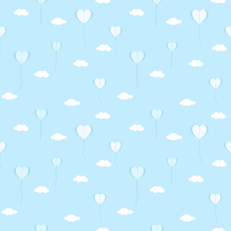 Vector - Abstract seamless pattern on paper heart balloon and white cloudy on blue background. Can be use for print, paper, wrapping, card, fabric.