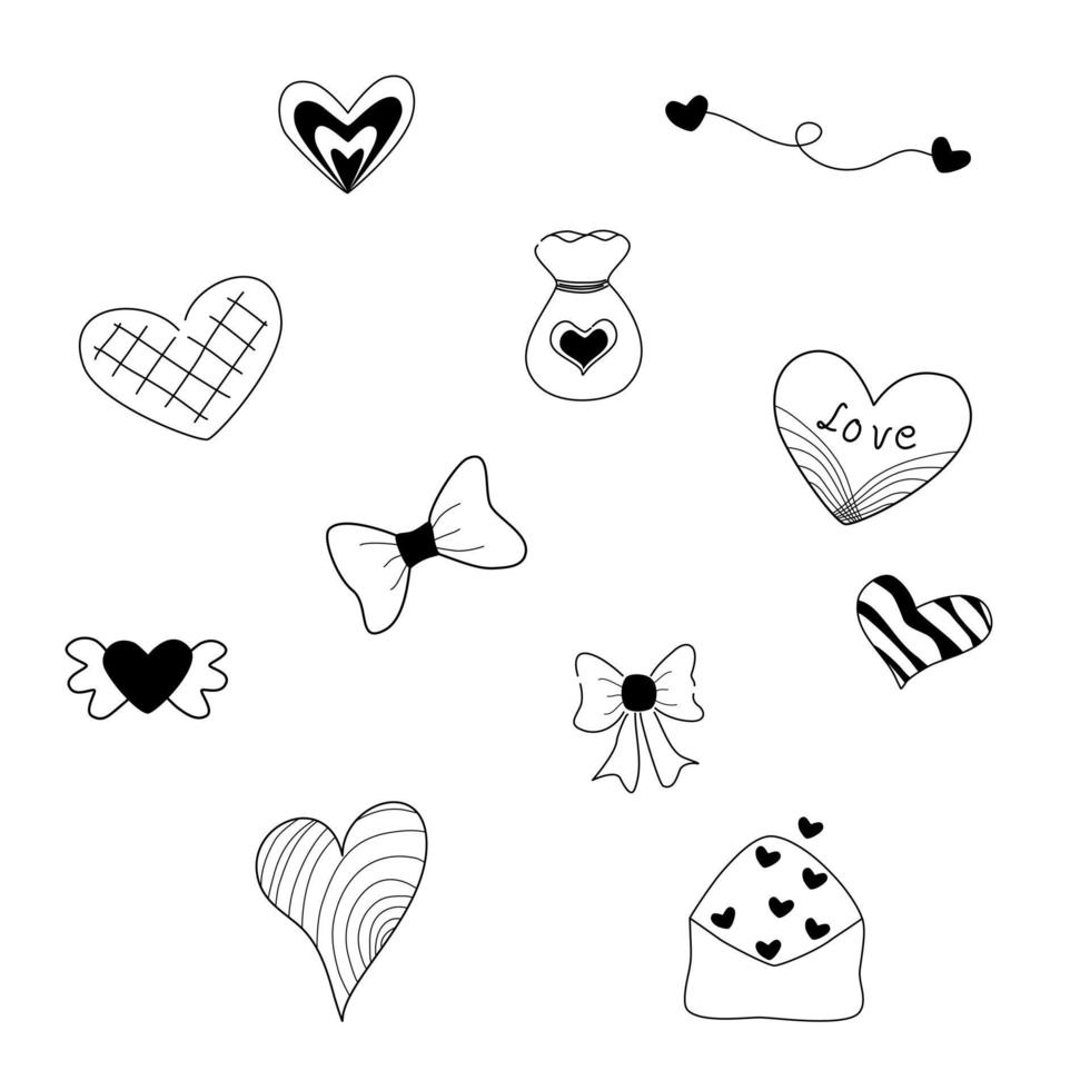 vector - conjunto de colección de iconos en estilo doodle. corazón, lazo, sobre, línea. se puede usar para decorar cualquier tarjeta, web, impresión, pegatina. San Valentín, boda. color blanco y negro.