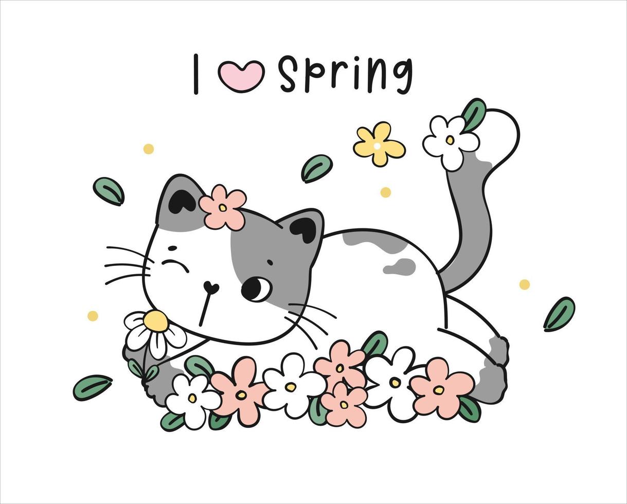 cute greeting card fat cat in flower garden I love spring, cartoon animal pet doodle drawing vector