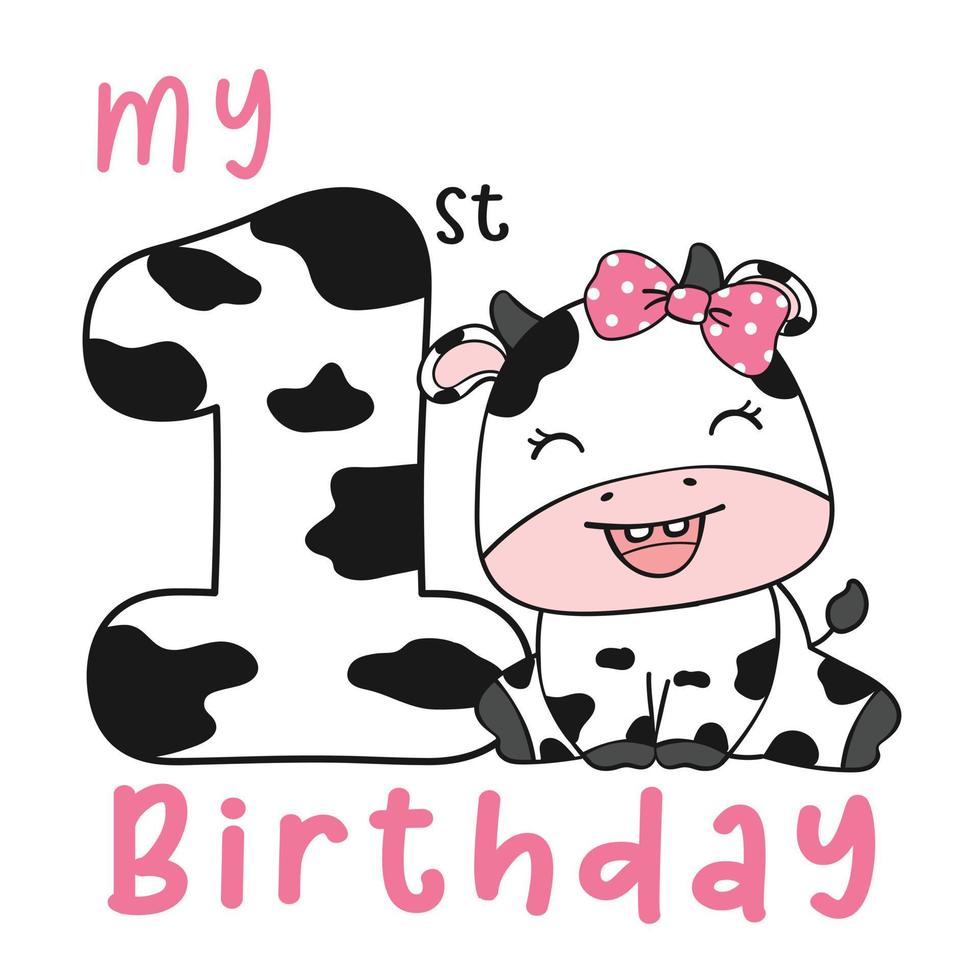 primera tarjeta de felicitación de cumpleaños, vaca bebé sentada con el número uno, clipart de granja de animales de cumpleaños para camiseta imprimible vector