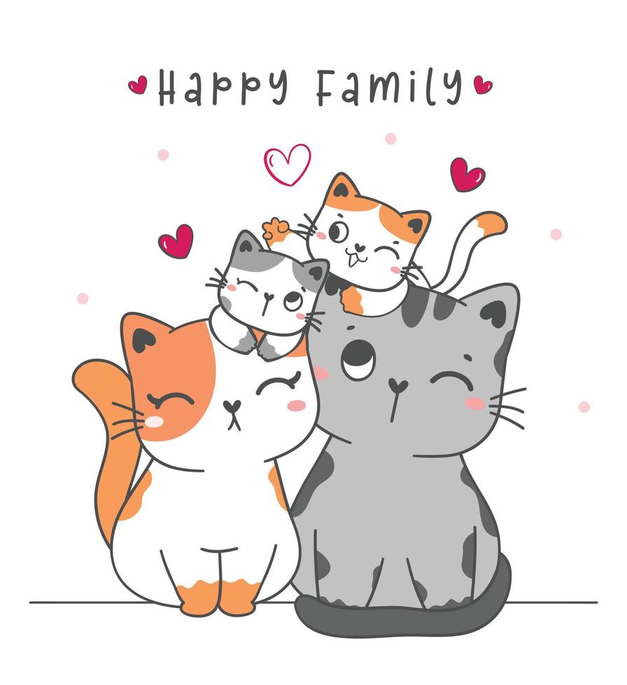 cute family kitty cat, mom, dada, son and dauther cartoon drawing vector illustration