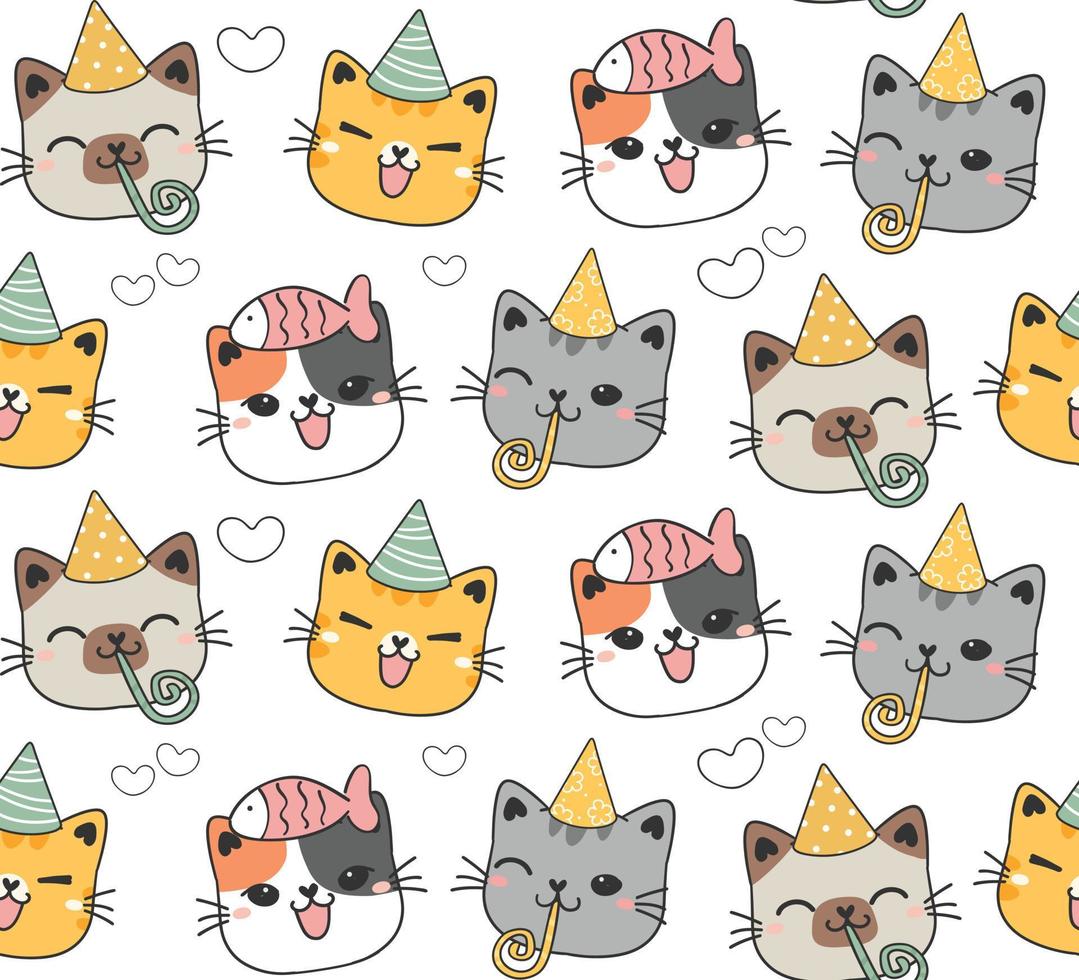 cute cat face pattern seamless background, cat faces party birthday celebration, cute pet animal doodle vector