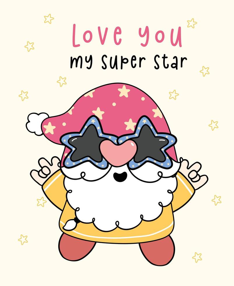 cute birthday gnome with star balloons, birthday party greeting card, cartoon drawing vector