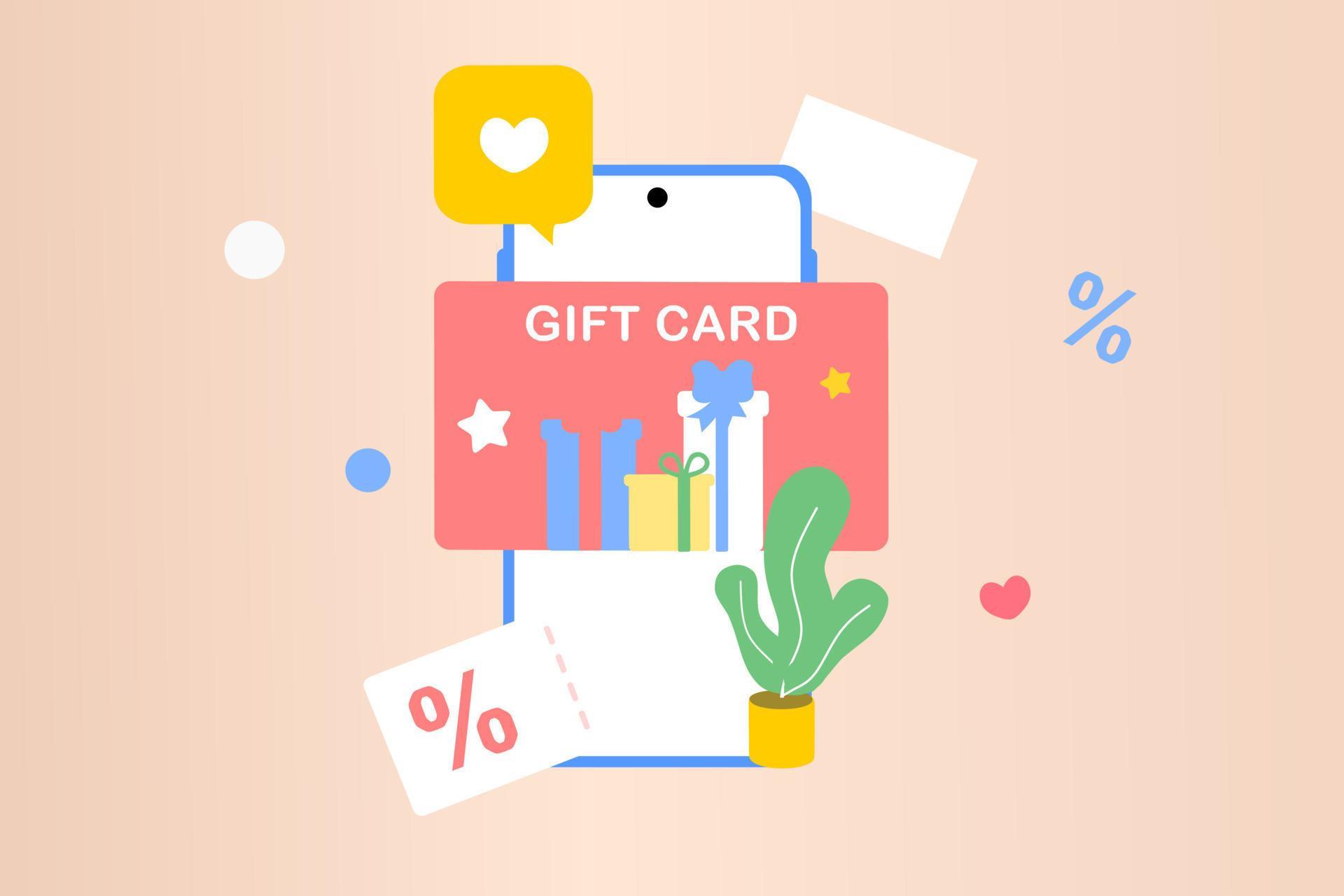 Gift card with box ribbon in smartphone app shop. Digital gift card and promotion strategy, gift