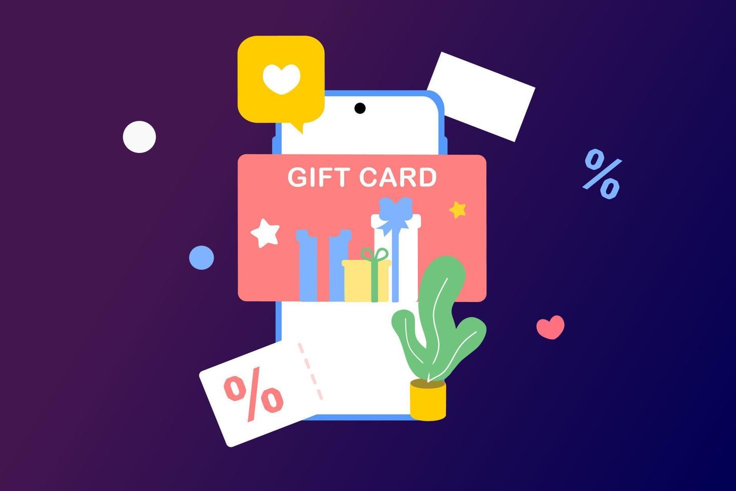Gift card with box ribbon in smartphone app shop. Digital gift card and promotion strategy, gift voucher, discount coupon and gift certificate concept. Flat vector illustration. Minimalist style.