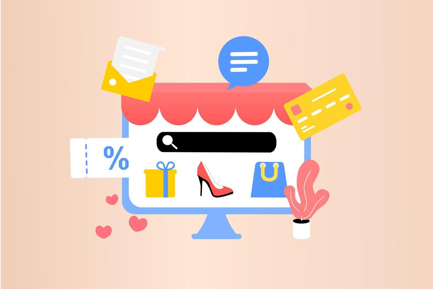 Online shopping on computer. Online store, big sale, special discount, social advertising. Mobile and digital marketing. Flat vector illustration graphic element, sign, symbol. Minimalist style.