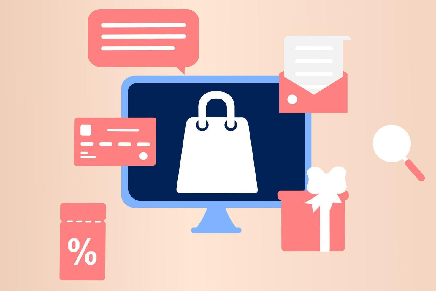 Online shopping on computer. Online store, big sale, special discount, social advertising. Mobile and digital marketing. Flat vector illustration graphic element, sign, symbol. Minimalist style.