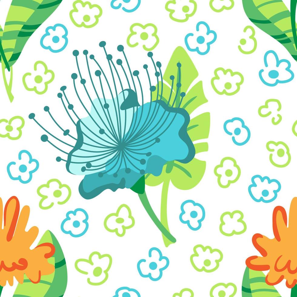 Blue romantic flowers in folk style on white background. vector