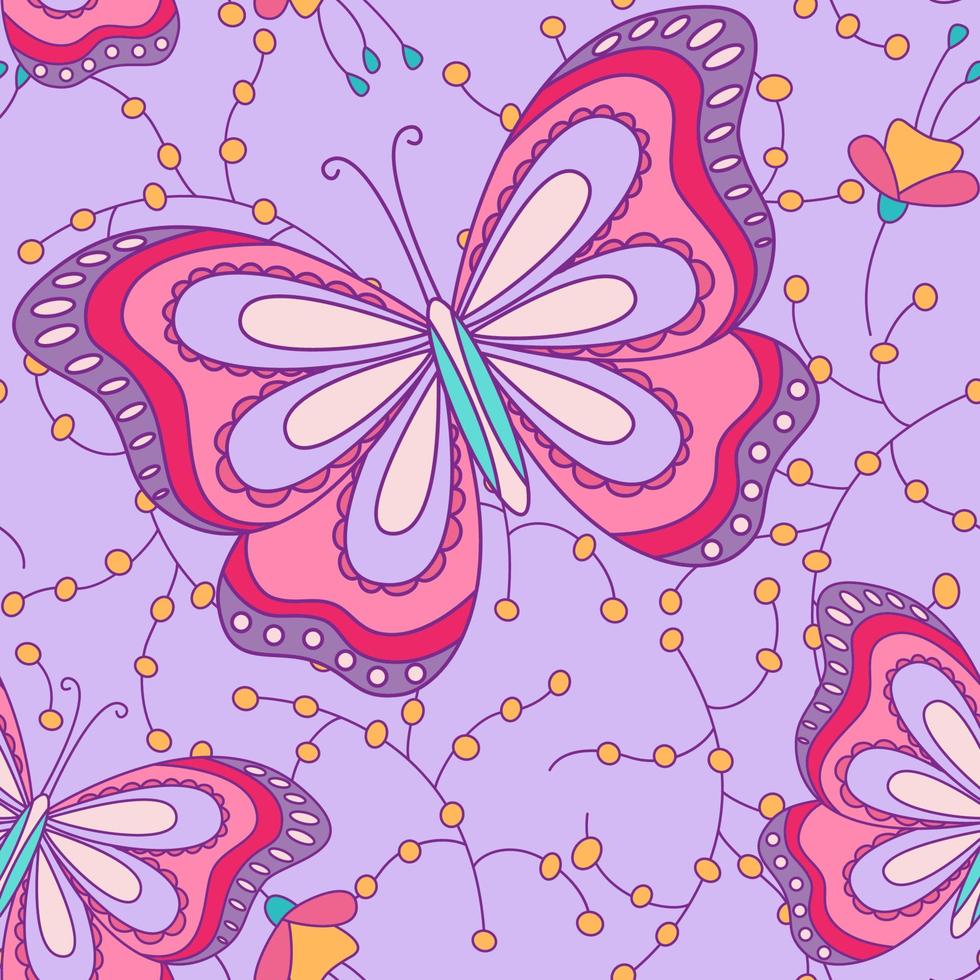 Hand drawn summer backdrop. Butterfly pattern in doodle style. Spring elements. vector