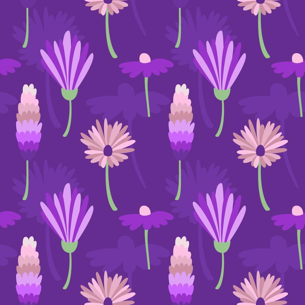 Purple Vector Background with pink flower. Botanical seamless pattern.