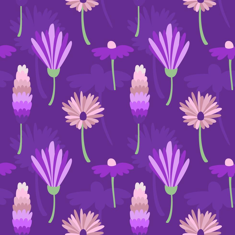 Fondo de vector púrpura con flor rosa. patrón botánico sin fisuras.