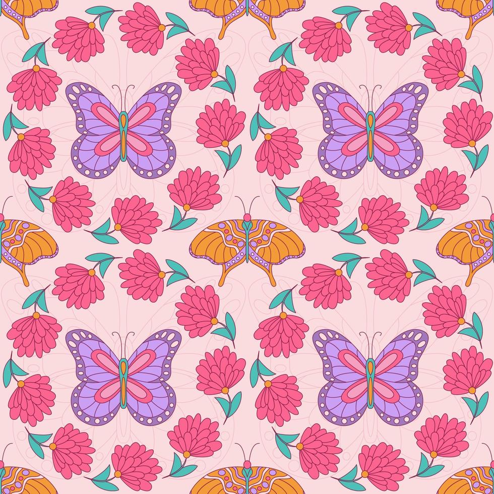 Butterflies vector images. Background with abstract flower. Seamless botanic texture