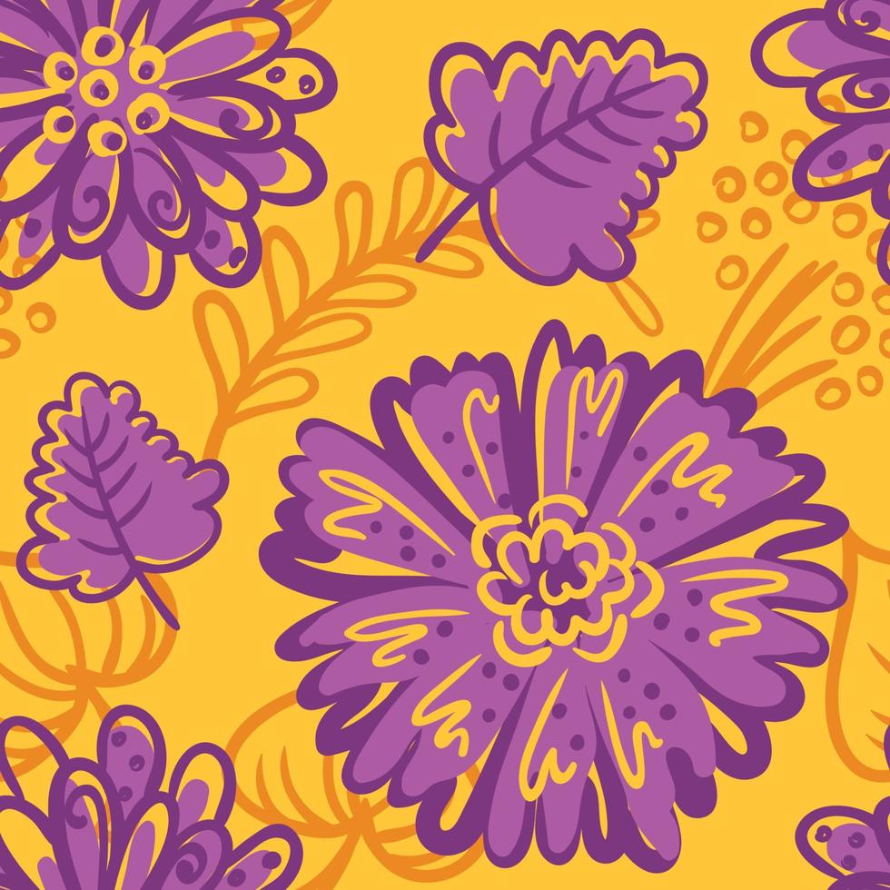 Autumn vector illustration. Hand drawn floral seamless vector pattern. Texture with purple fantasy flowers. Retro garden background for clothing design, wrapping paper, greeting card