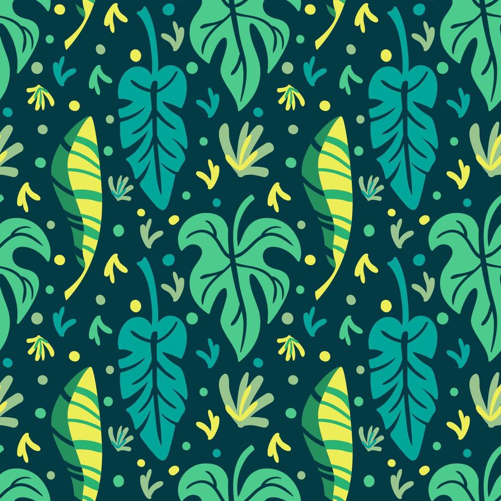 Green tropical leaves on a dark background. vector