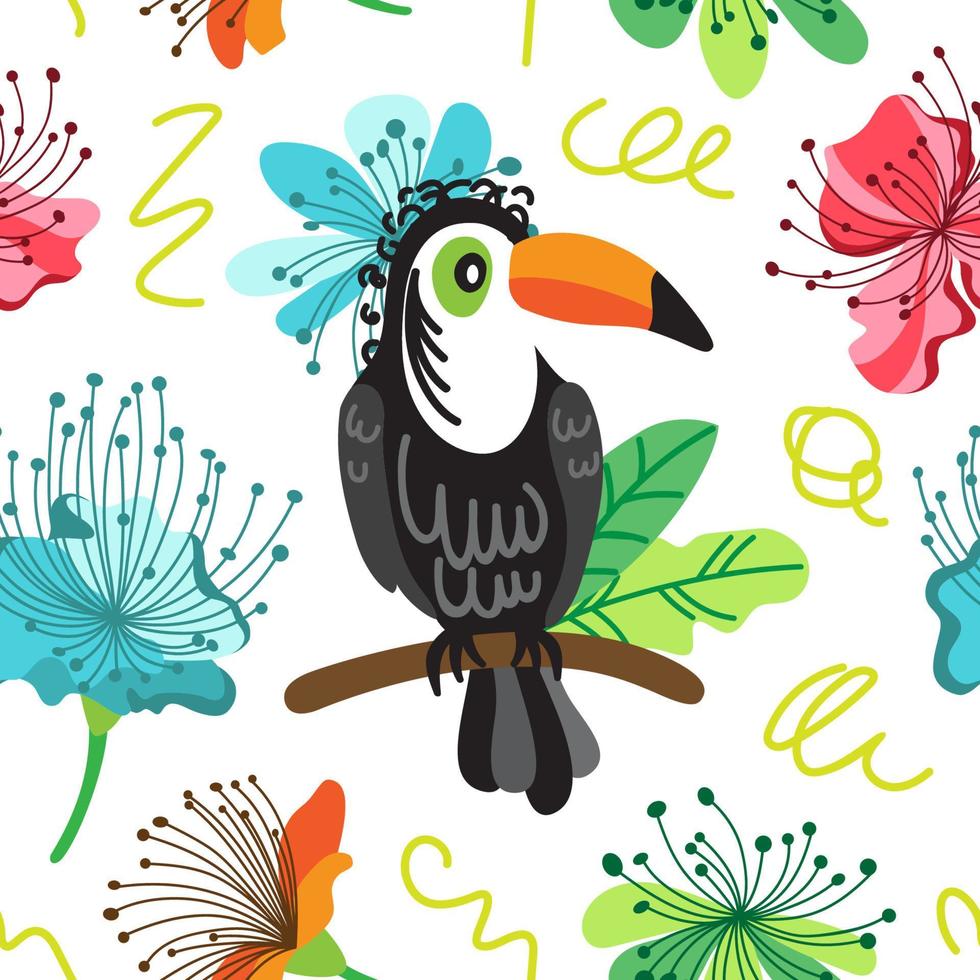 Toucan on the background of exotic flowers and leaves vector