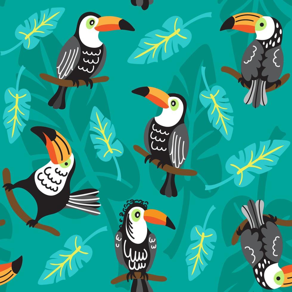 Toucans sit on the branches in different poses with a background of palm leaves. vector