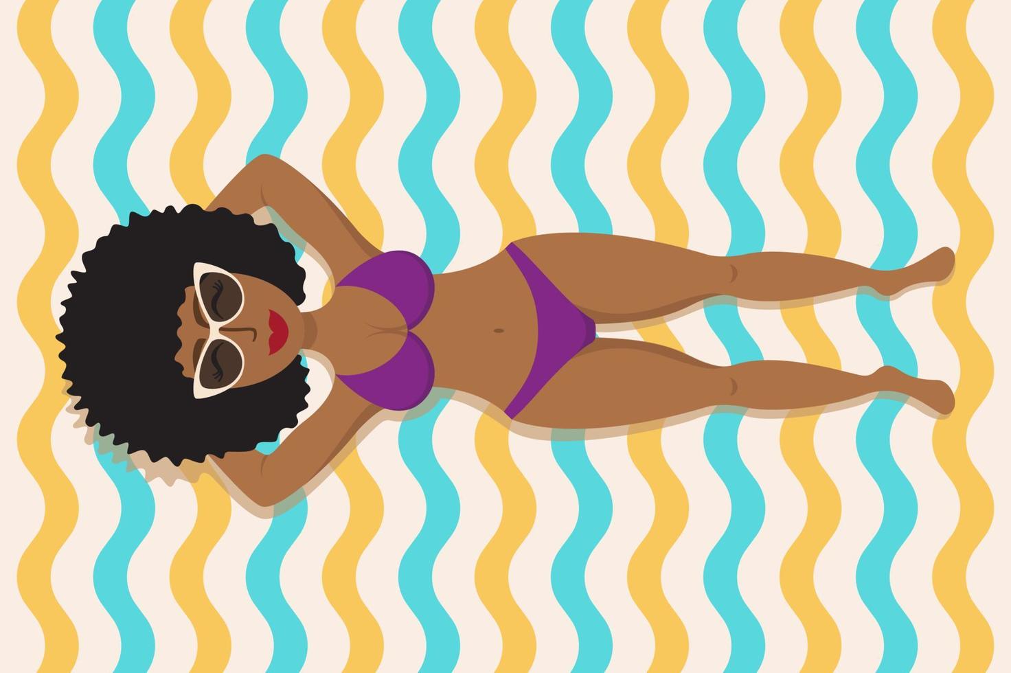 Black girl sunbathes on a beach. Wavy pattern for towel. vector