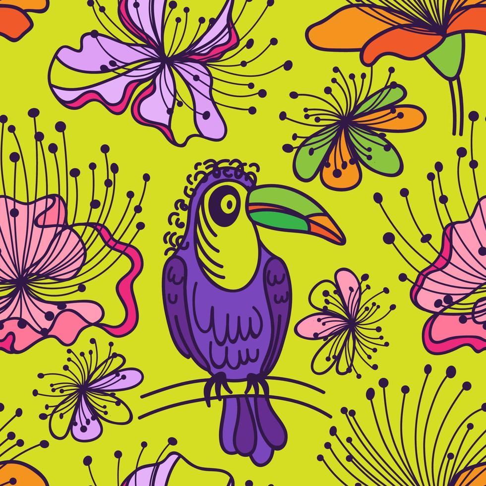 A bright Toucan sits on a branch among tropical gardens. Colorful seamless pattern. vector