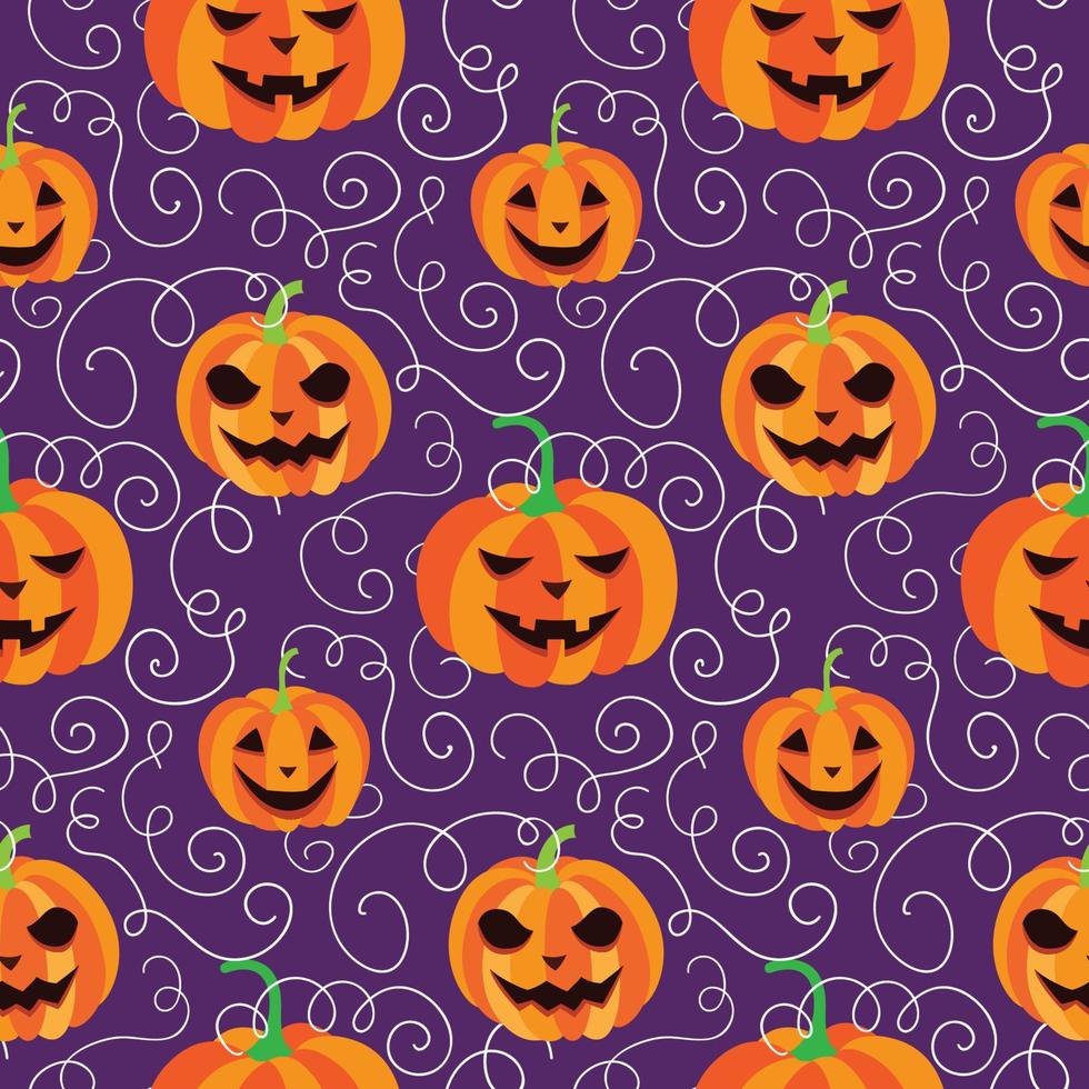 calabazas de color naranja brillante con fondo violeta. vector de patrones sin fisuras de halloween con cara de miedo de calabaza y sonrisa. ilustración abstracta.