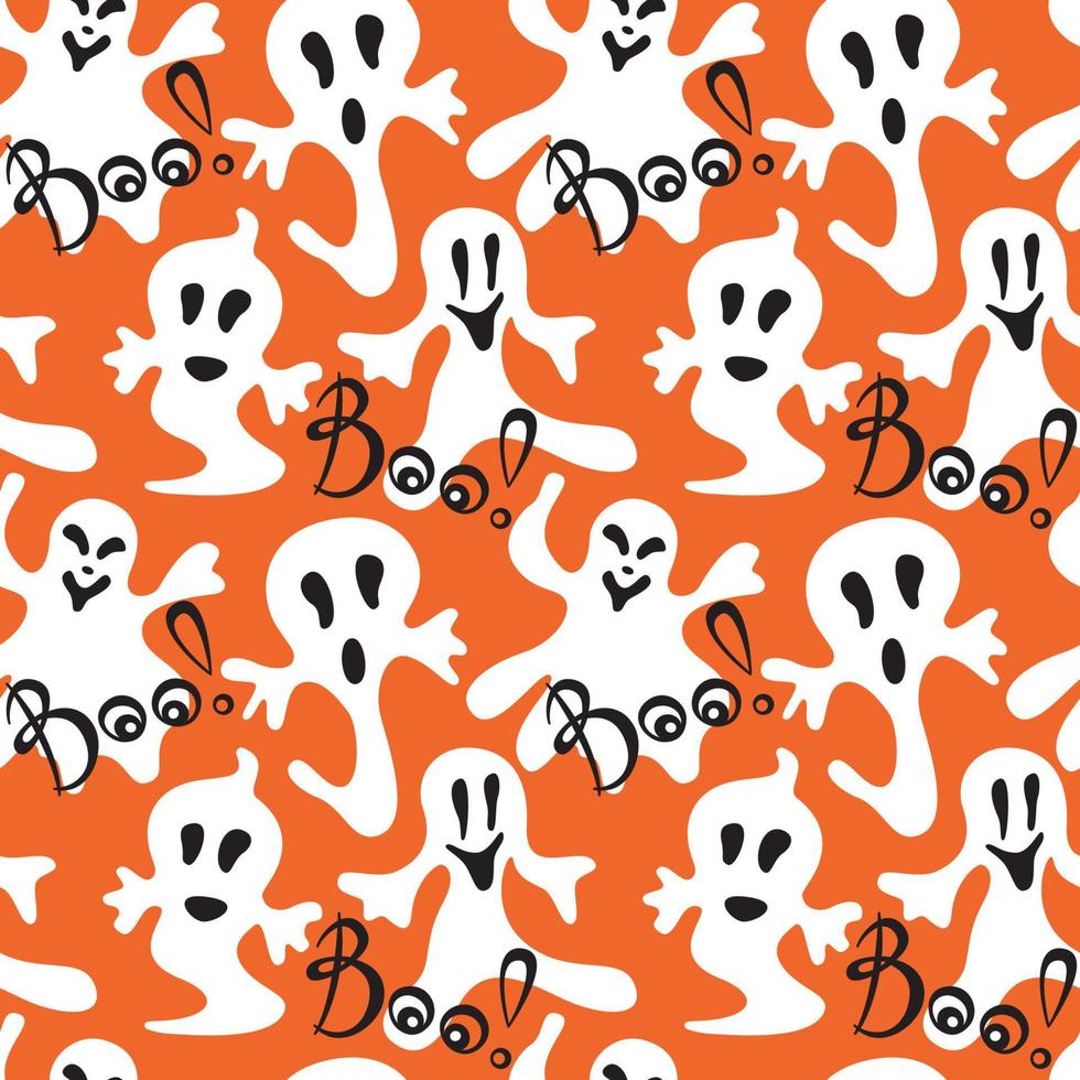 Seamless Halloween holiday pattern with cute ghosts on orange background and white inscriptions Boo. Vector illustration in cartoon style. Background on a theme of Halloween