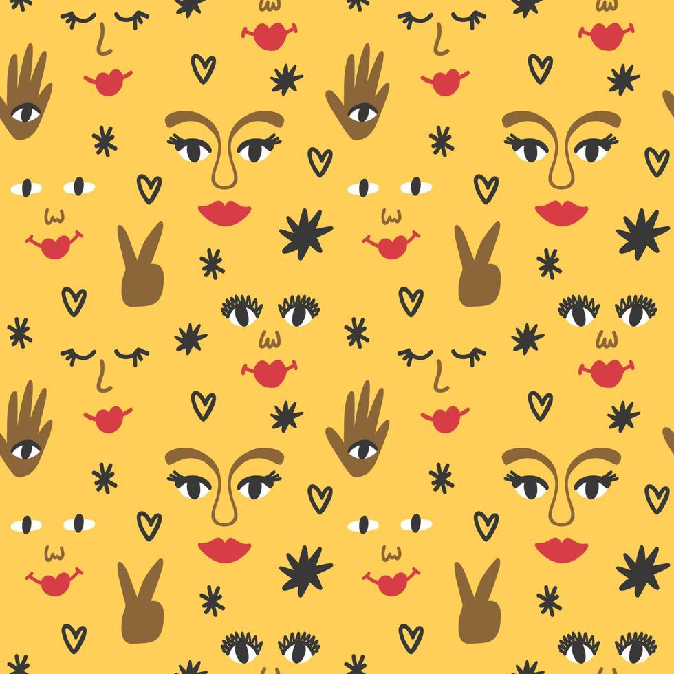 Retro seamless pattern with girls' faces, stars and hearts vector