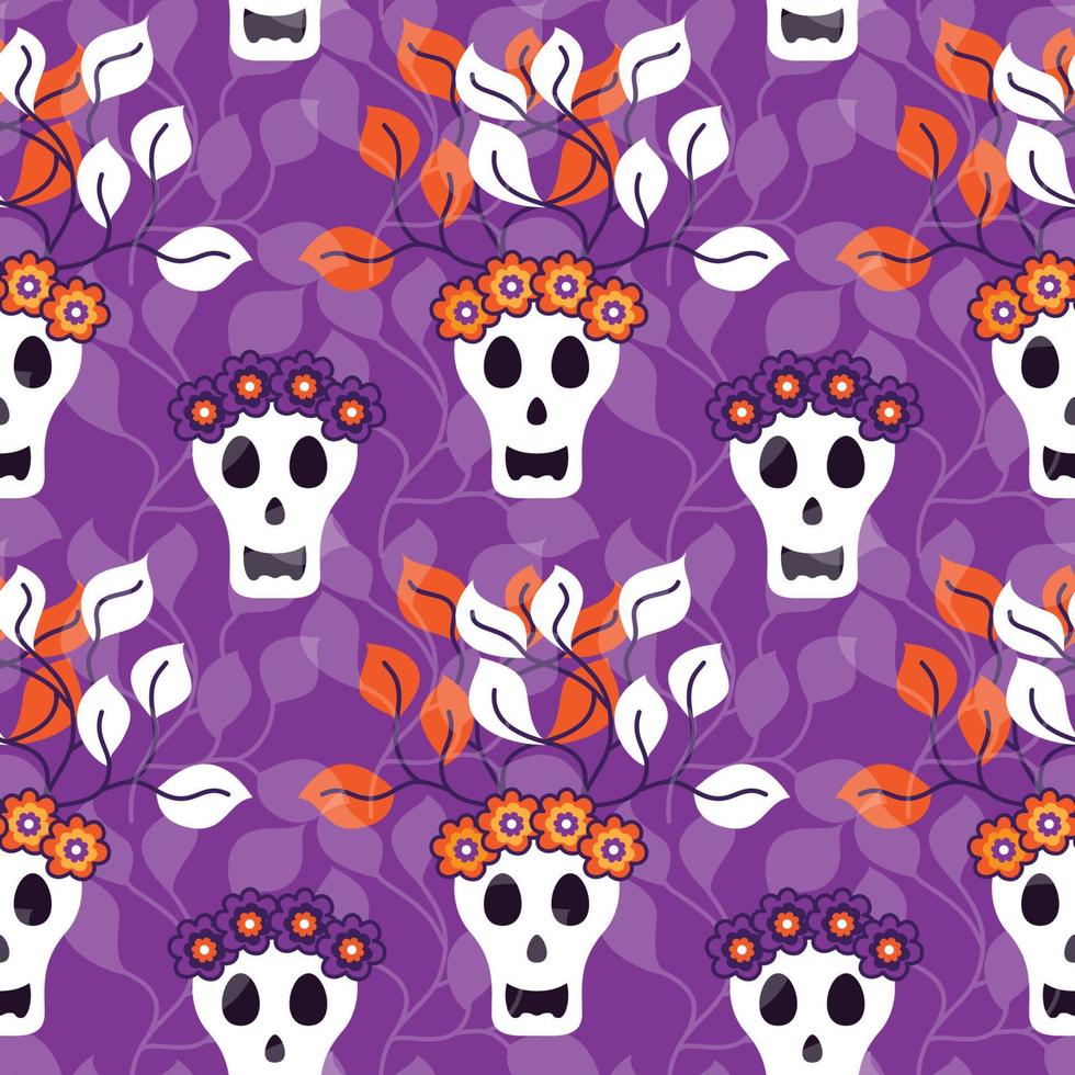 Halloween festive seamless pattern. Day of the dead. Skull with flower wreath and twigs with leaves. Colorful stylish skull. Vector stock illustration.