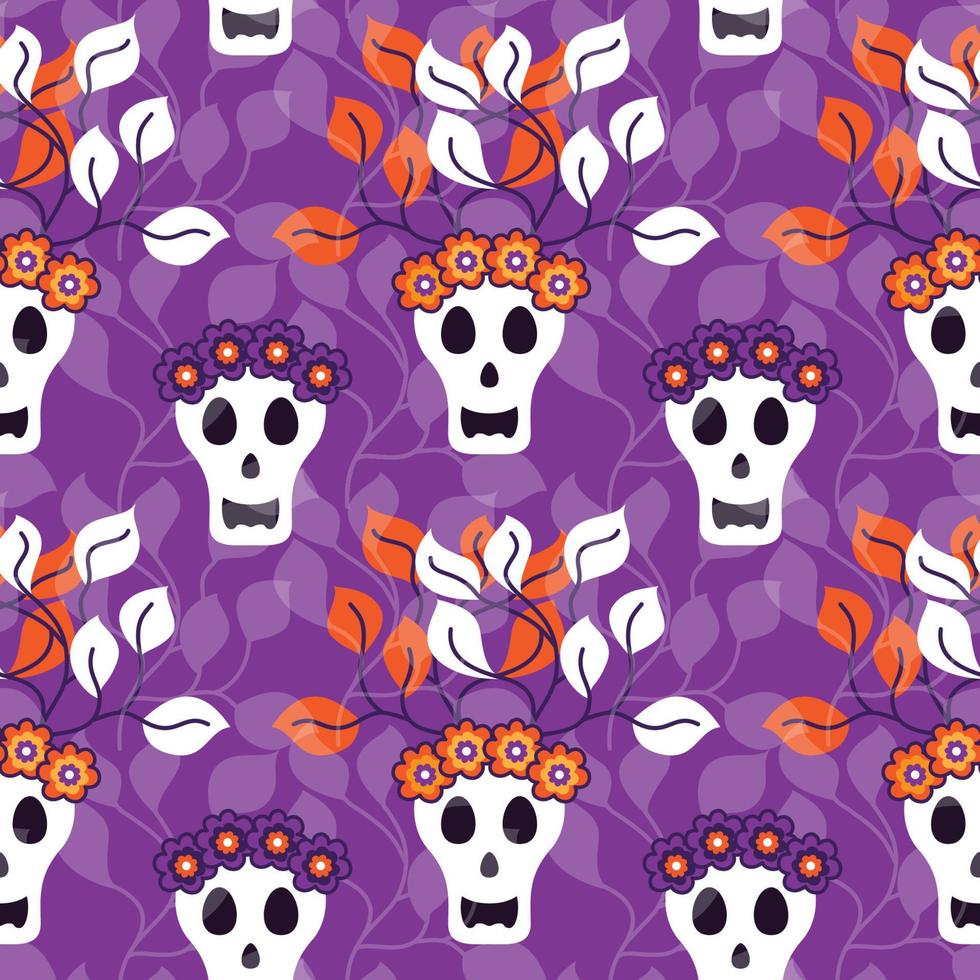 Halloween festive seamless pattern. Day of the dead. Skull with flower wreath and twigs with leaves. Colorful stylish skull. Vector stock illustration.