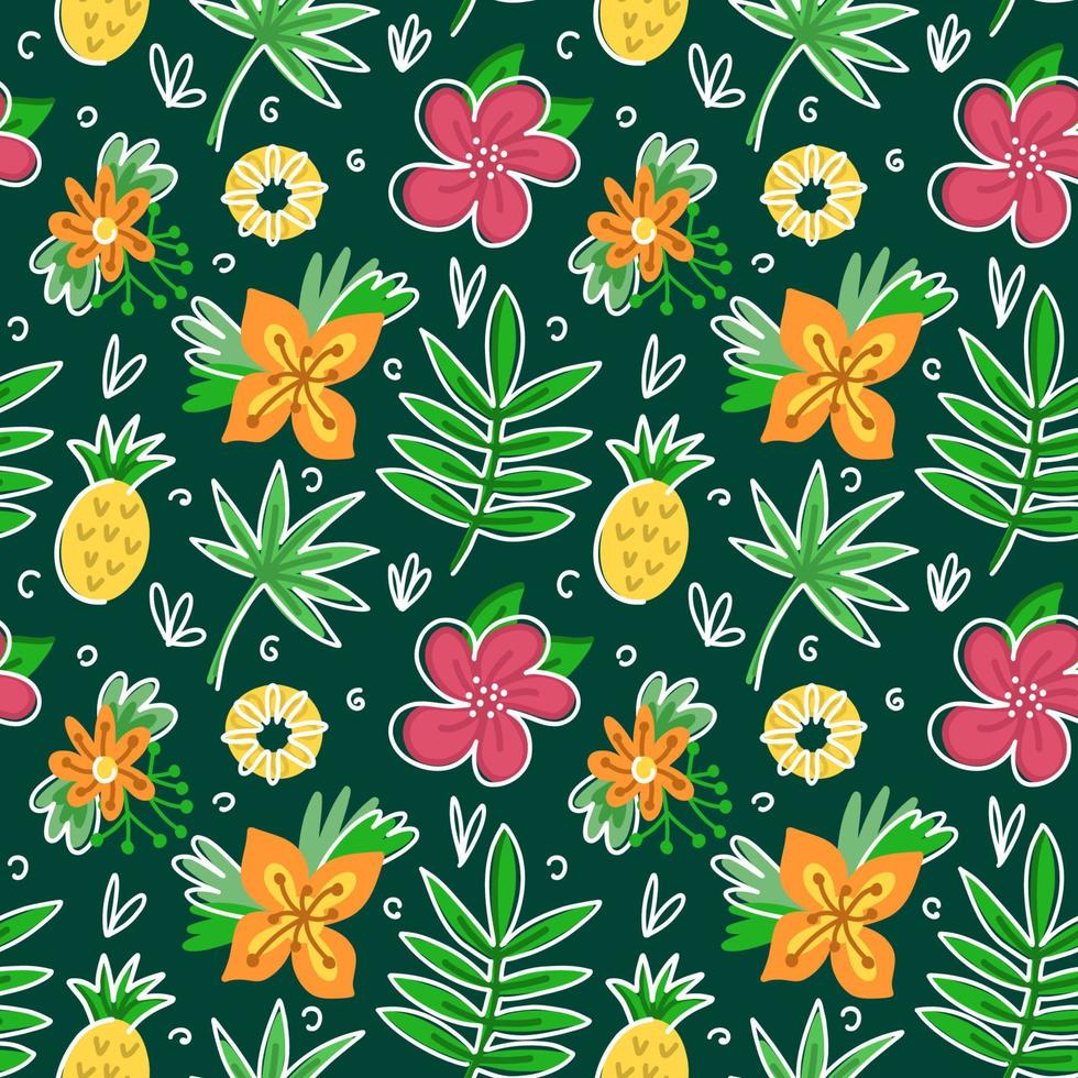 Summer seamless pattern with tropical flowers and pineapples vector