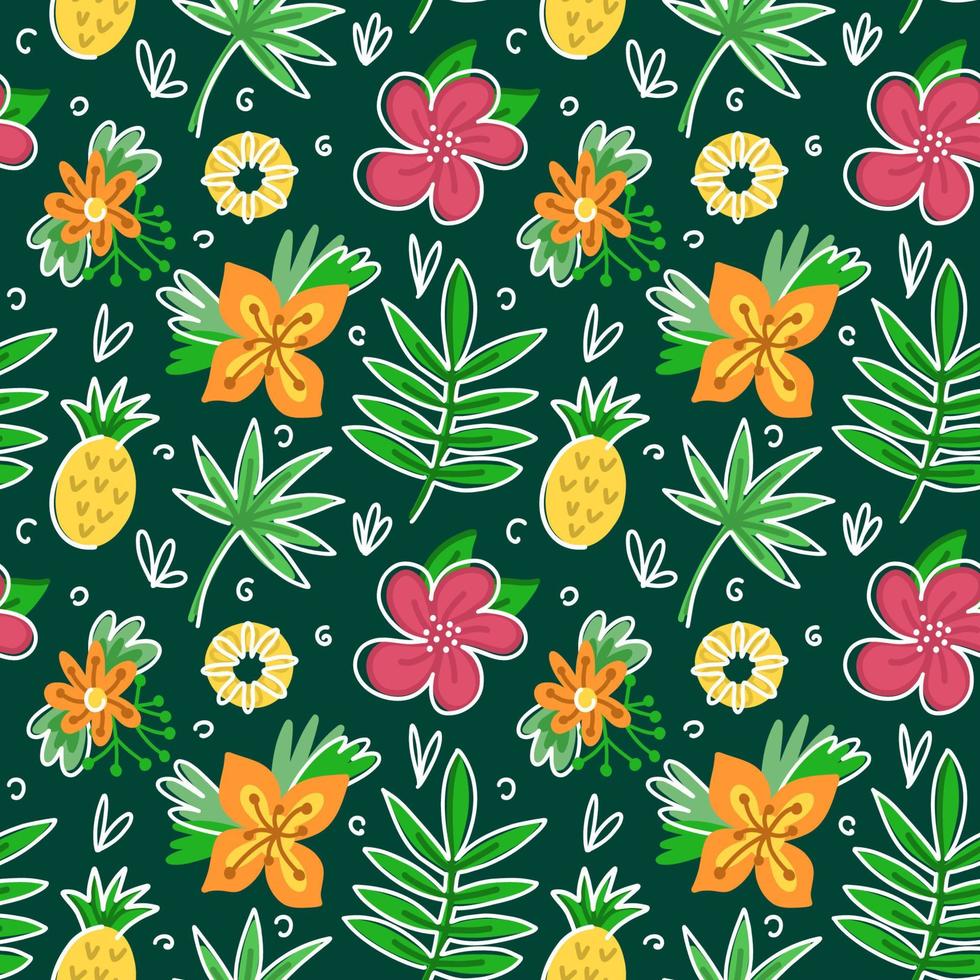 Summer seamless pattern with tropical flowers and pineapples vector