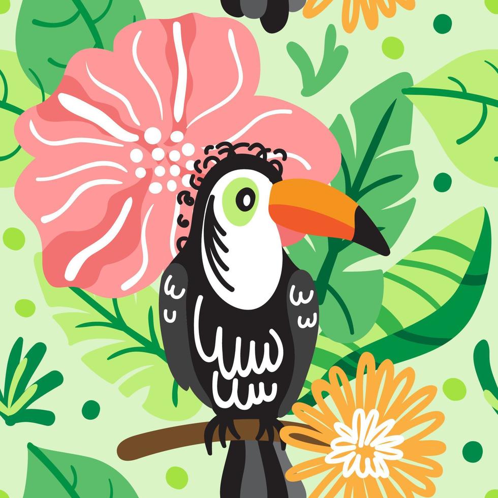 Pattern with toucan, tropical leaves and exotic flowers. Flat design background. vector