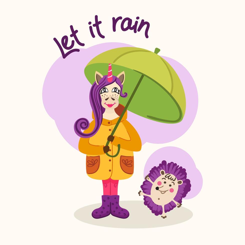 Let it rain card. Flat style illustration. Friends the unicorn and the hedgehog go under the umbrella. Rainy autumn. Decorative poster with friends and handwritten inscription. day. vector
