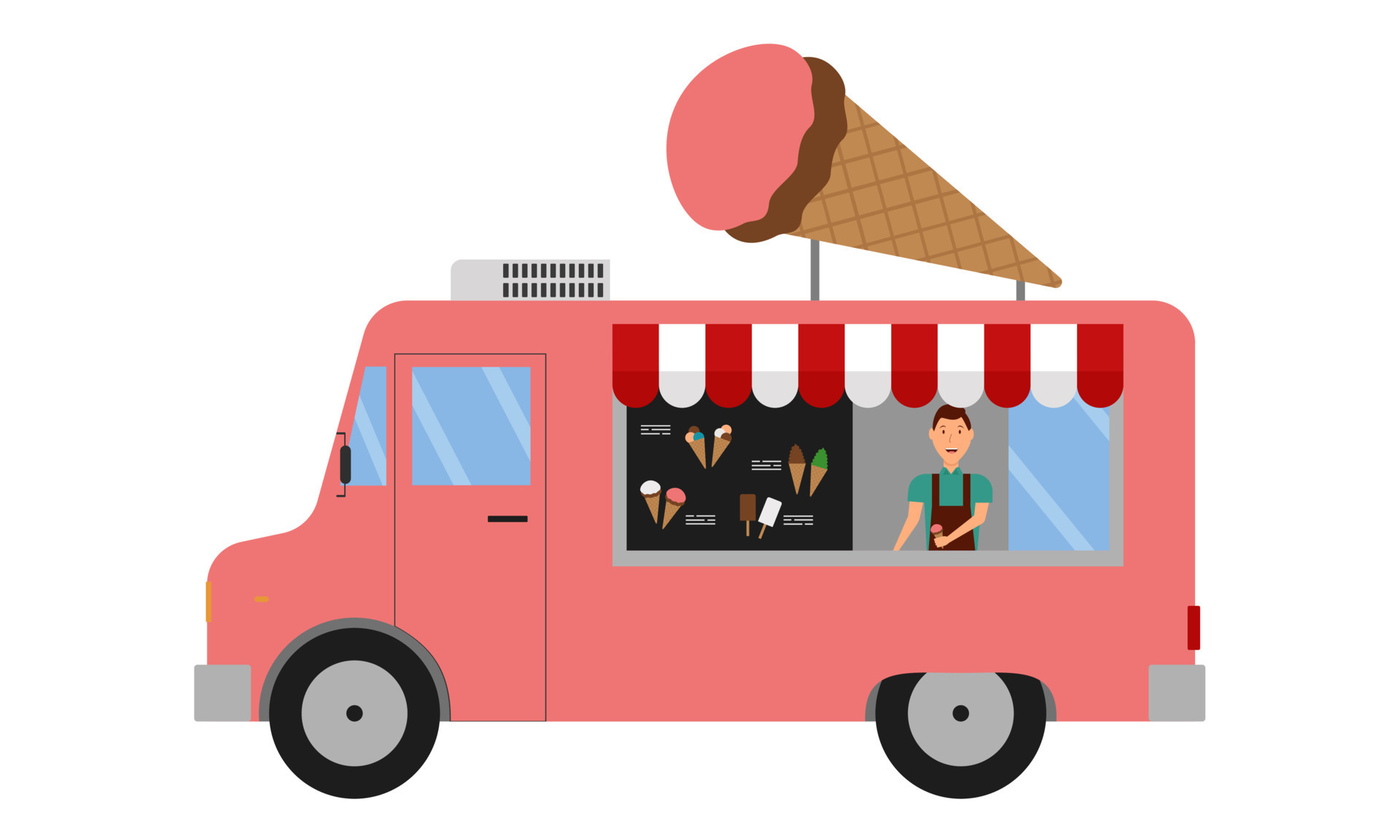 An ice cream van with a vendor. Cartoon. Vector illustration 7646015