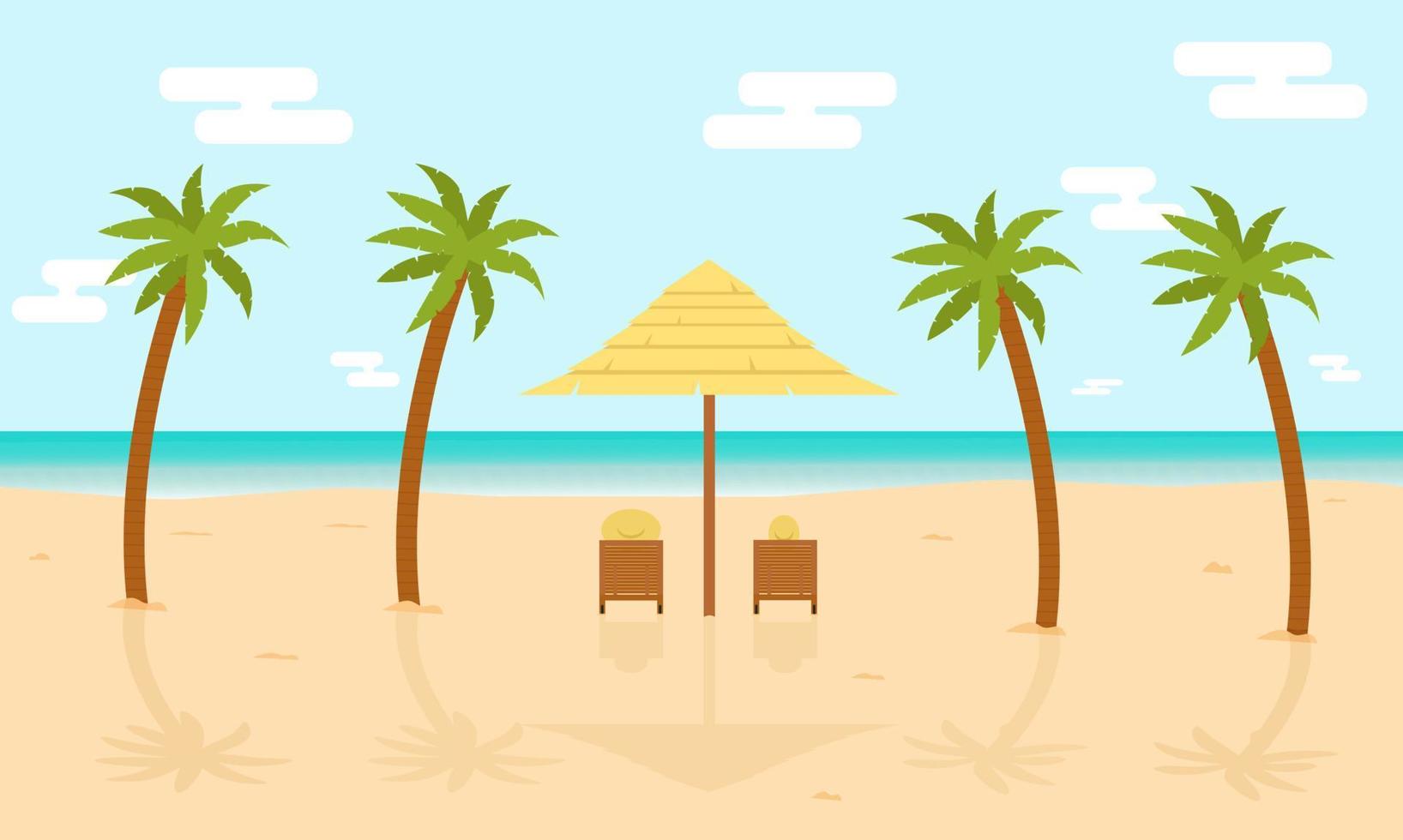 People on sun loungers relax by the sea on a deserted beach among palm trees. Cartoon. Vector illustration