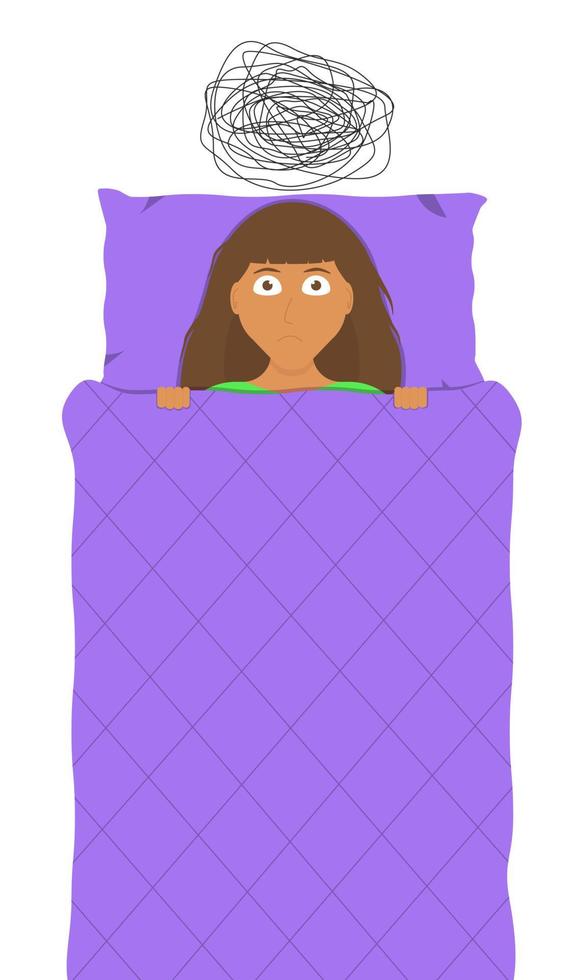 A woman in bed suffers from insomnia due to anxiety and anxious thoughts. Concept. Vector illustration