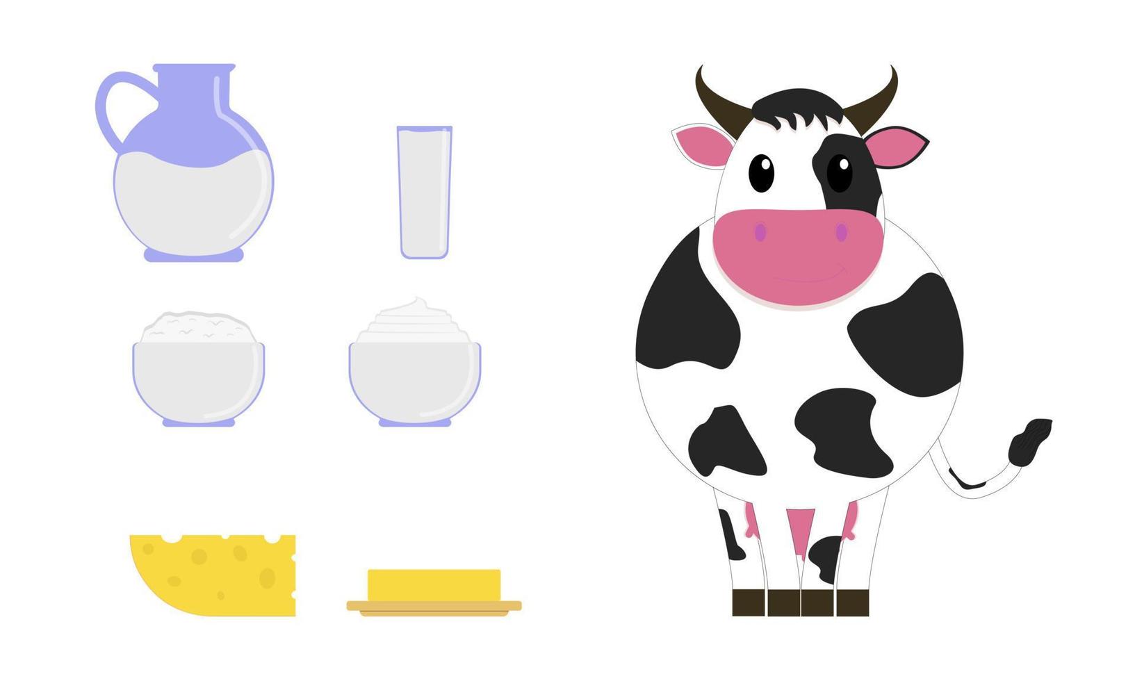 productos lácteos y una vaca. alimentos ricos en proteínas y calcio. leche, requesón, crema agria, queso y mantequilla. departamento. ilustración vectorial vector