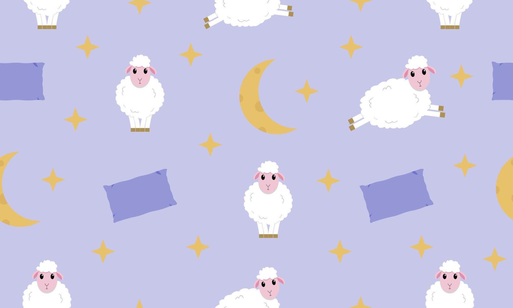 Seamless pattern with the image of sheep, pillows, stars and the moon. Cartoon background. Fabric print. Vector illustration