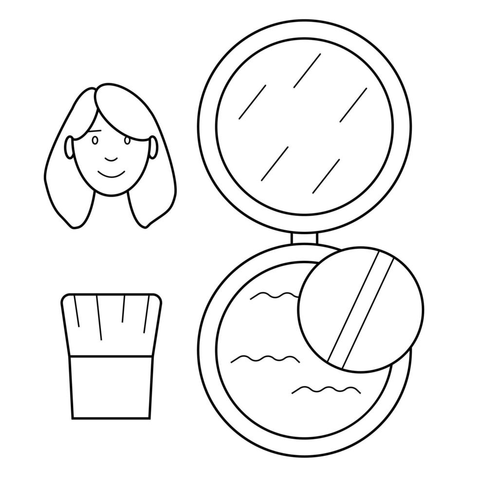 Hand drawn images of cosmetic powder and a girl's face. Cosmetics for beauty. Doodle sketch. Vector illustration