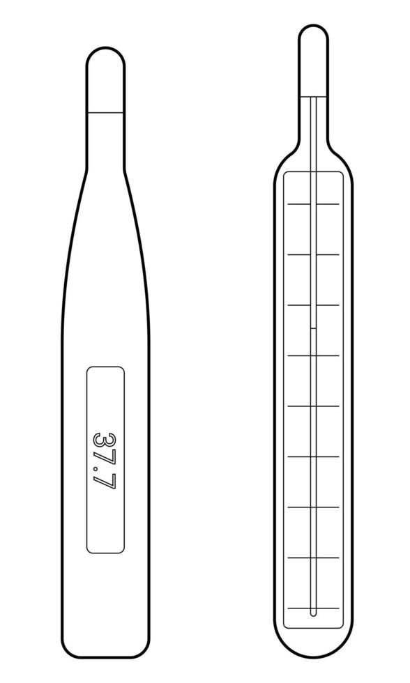 Hand drawn images of two thermometers, mercury and electronic. Device for measuring body temperature. Doodle sketch. Vector illustration