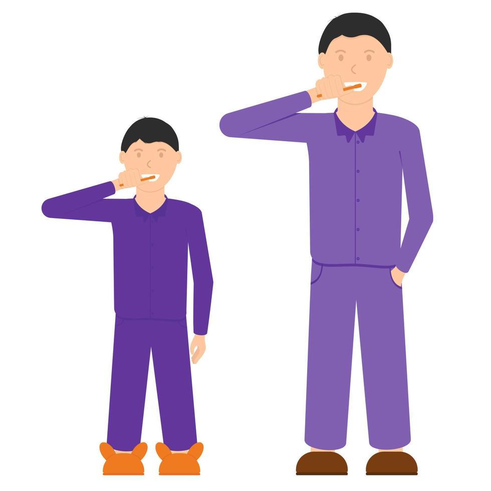 Father and son brush their teeth together. Good example of parents in the observance of oral hygiene. Cartoon. Vector illustration