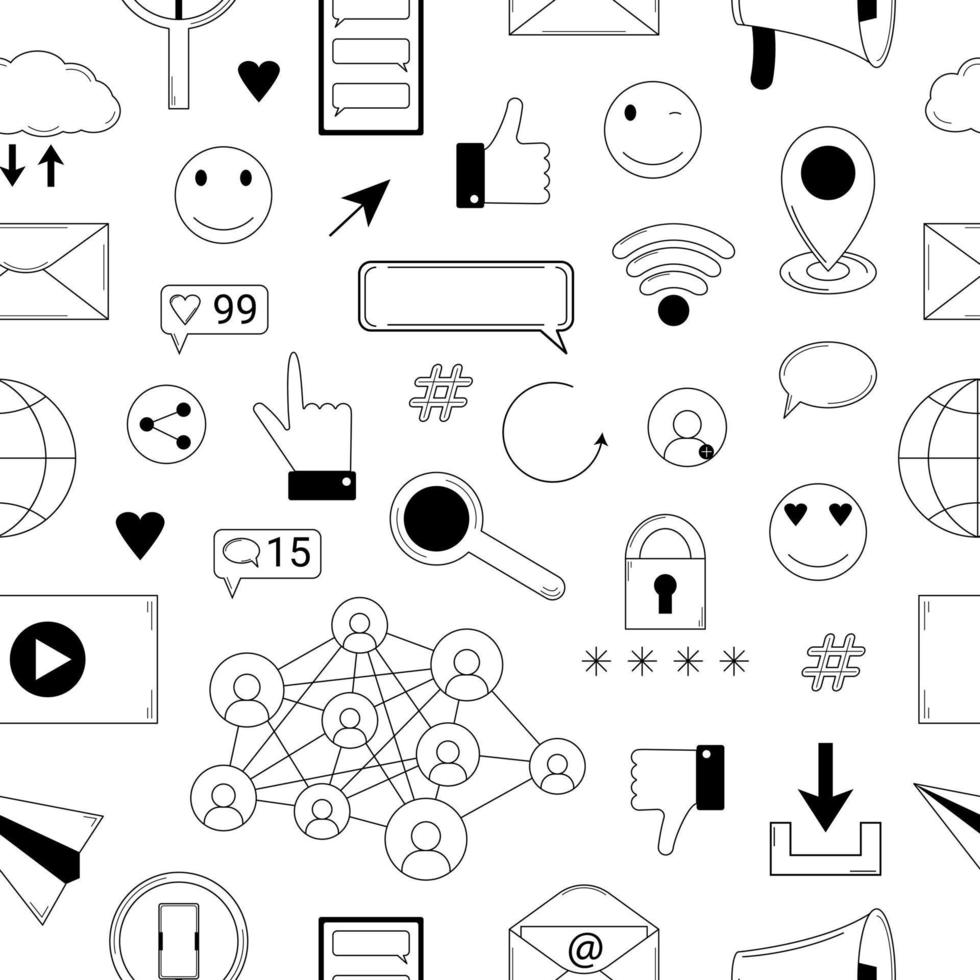 Hand drawn seamless pattern with elements of social media. Promotion and communication in social networks. Doodle style. Sketch. Vector illustration.