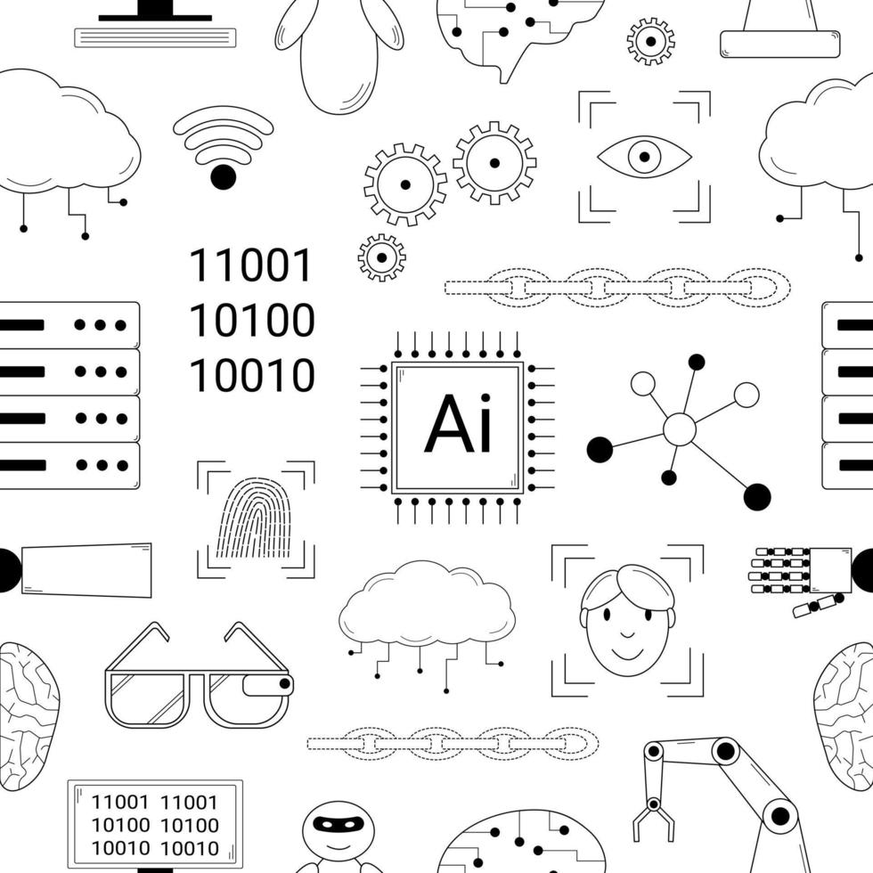 Hand drawn seamless pattern with elements depicting artificial intelligence. Technologies that help people. Doodle style. Sketch. Vector illustration