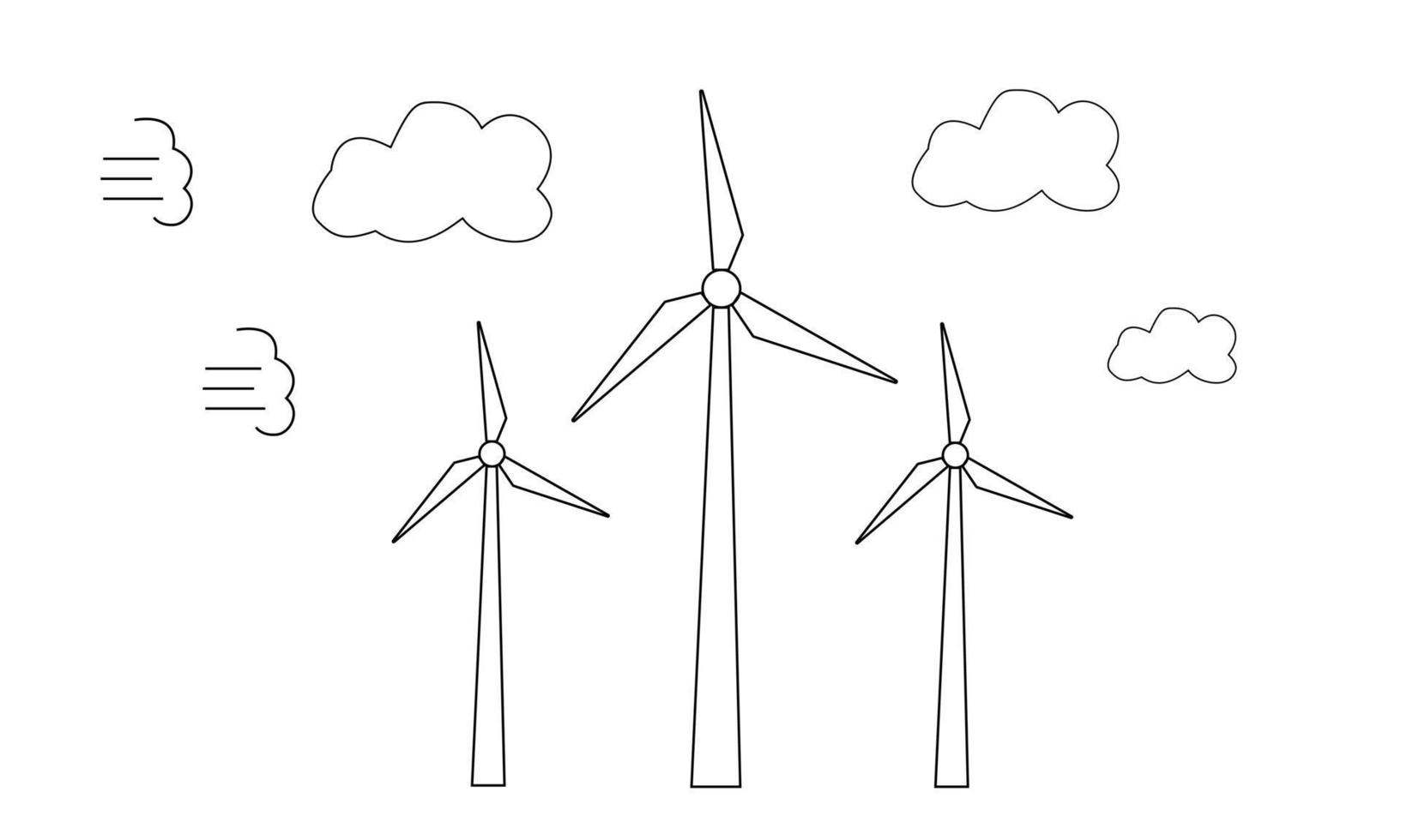 Hand drawn wind farms driven by the flow of air. Use of renewable energy. Taking care of the environment. Doodle scetch style. Vector illustration
