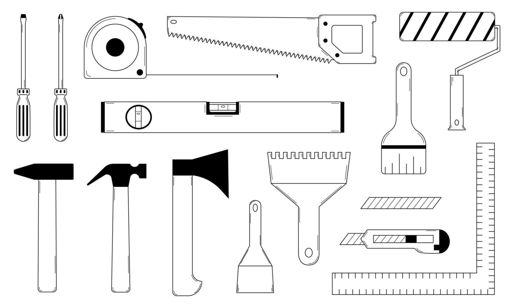 Hand drawn set of tools for home and apartment repairs. Painting, carpentry. Doodle style. Sketch. Vector illustration