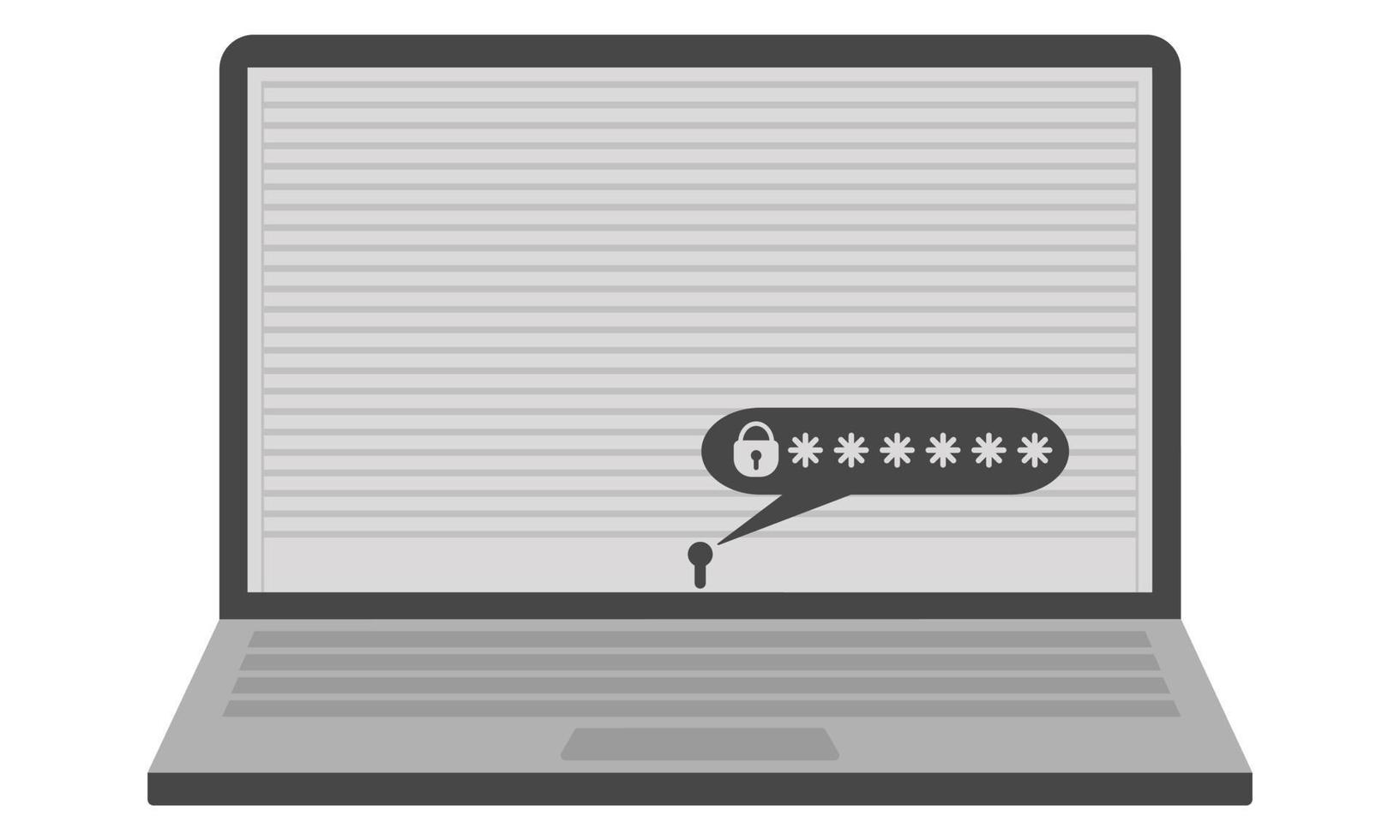 Protect your computer with a password. The screen is closed with a roller shutter and a lock. Flat. Vector illustration