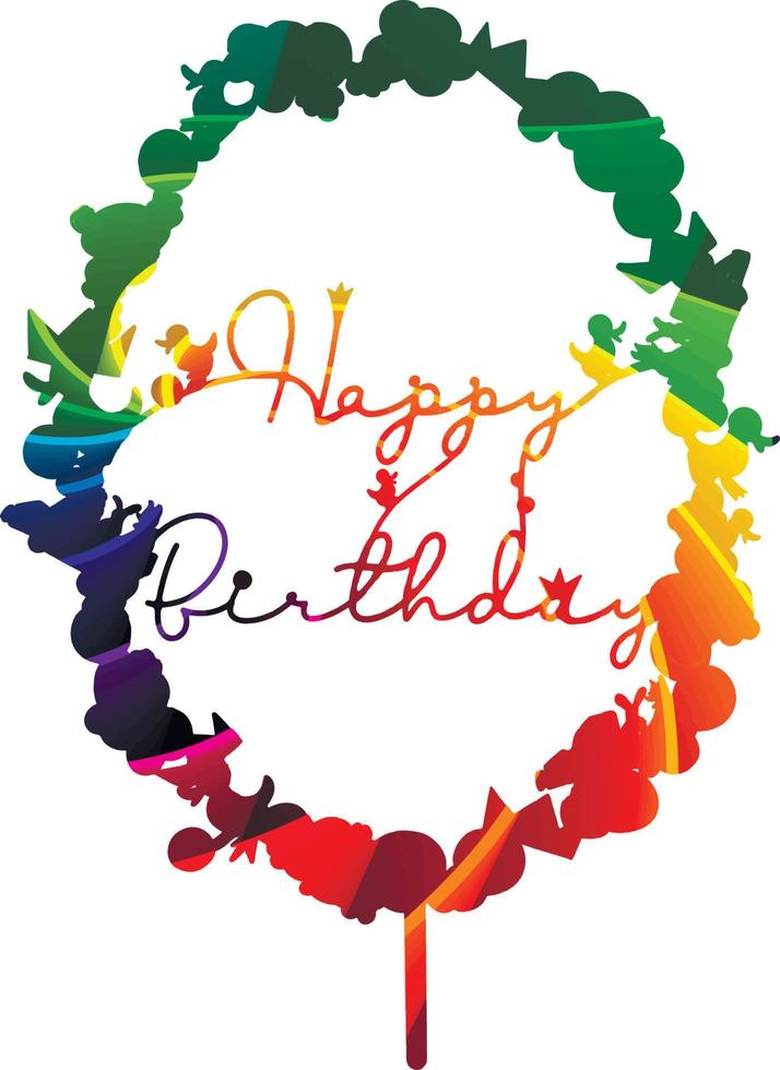 feliz cumpleaños topper fondo colores del arco iris con juguetes para niños, coche, peluche, pájaros, barco. mariposa vector