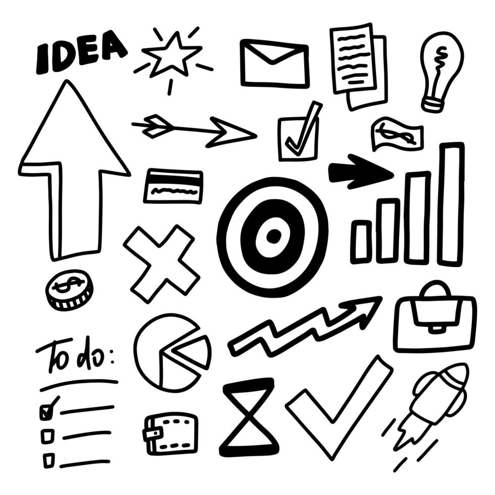 Doodle business infographic symbol set isolated on white background. Management concept. Simple graphic hand drawn sketch vector illustration.